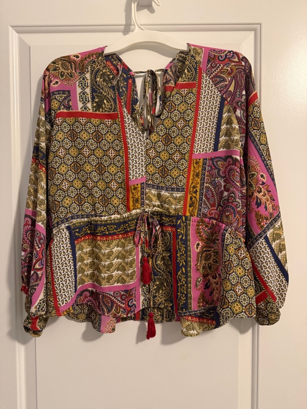Patchwork Tie in Back Blouse - Pink Multi